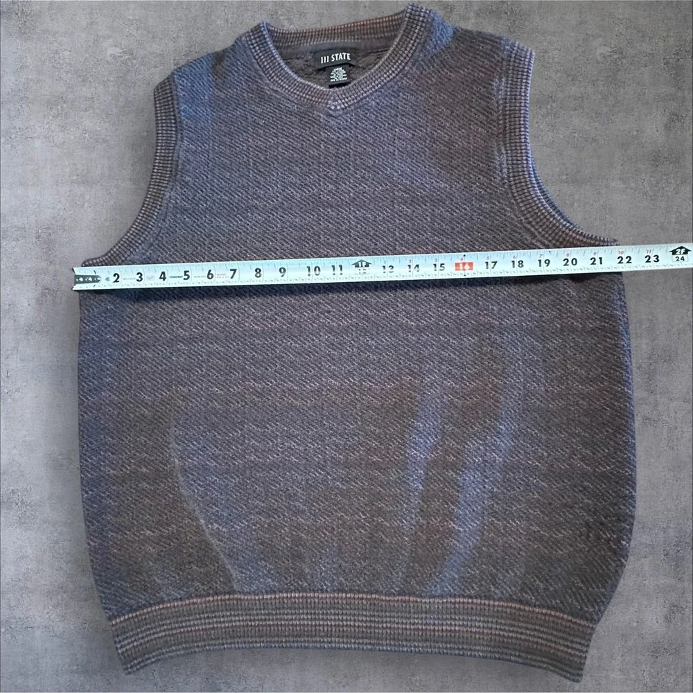 111 State Mens Sweater Vest Large Knit Sleeveless Blue Gray‎ Brown Blend